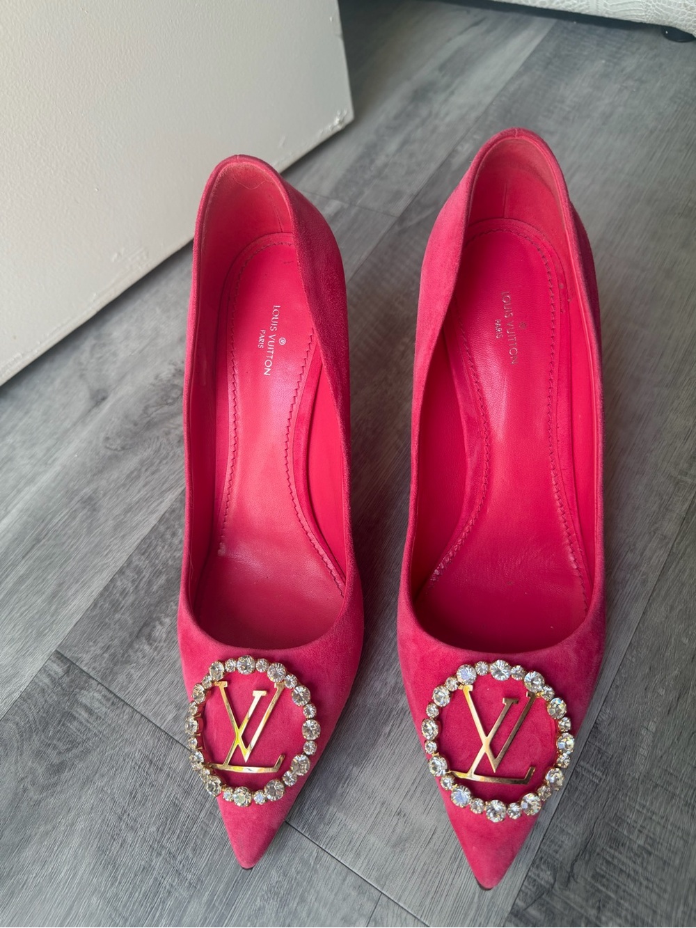 Louis Vuitton Pink Suede Pointed-Toe Heels with Crystal LV Emblem - Picture 5 of 14